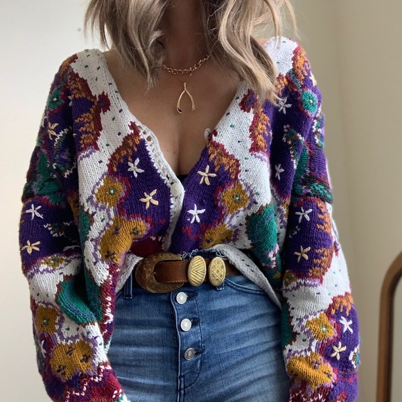 Vintage Sweaters - 🛍 Vintage Patterned Slouchy Knit Cardigan Sweater